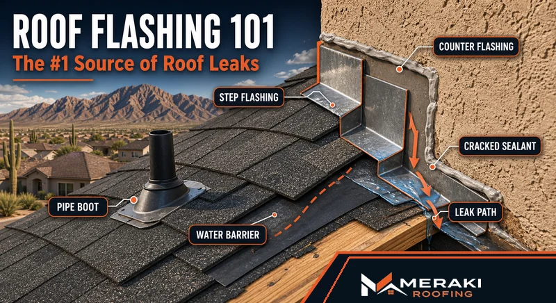 Roof flashing infographic showing chimney, vent pipe, valley, and step flashing on an El Paso roof